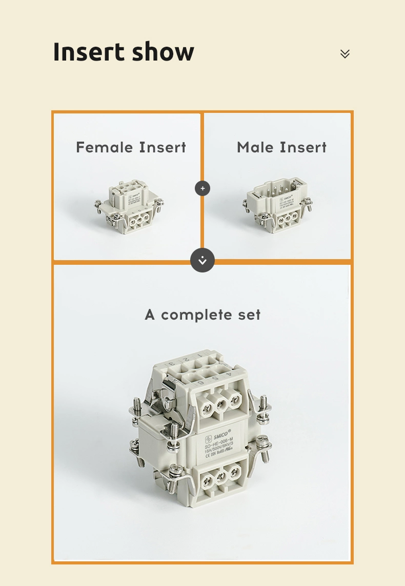 Smico Rectangular Heavy Duty Connectors He-006-M Male Female Insert 500V 16A 6 Pins IP65 Waterproof Screw Terminal 09330062601