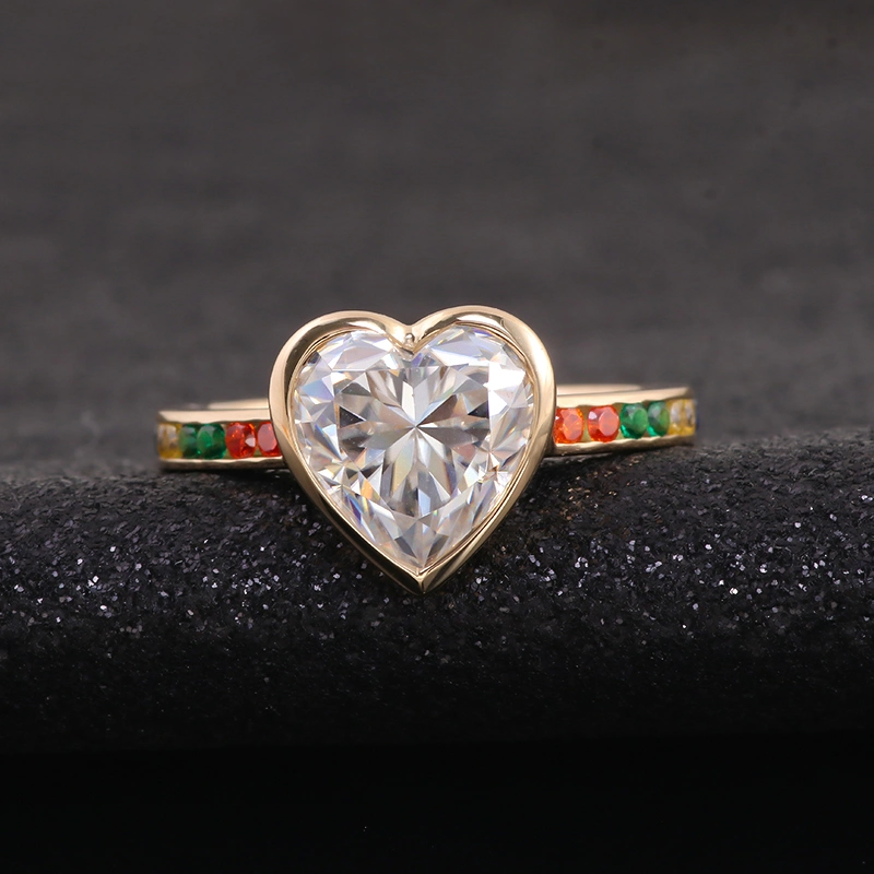 Unique Heart Cut Shape Bezel Setting Solid Yellow Gold Color Gemstones Engagement Ring