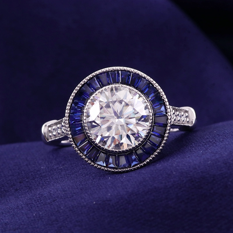Bezel Setting 7.5mm Round Cut Moissanite Diamond and Blue Sapphire Rings in 14K White Gold