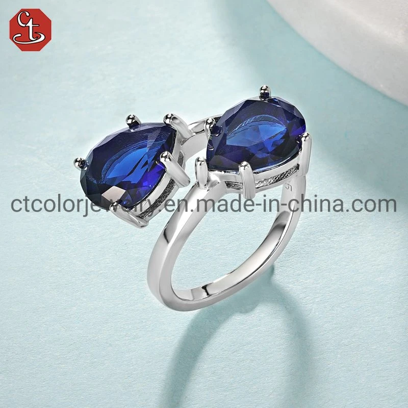 Fashion Jewelry 925 Sterling Silver Blue Glass Stone Jewellery Adjustable Ring