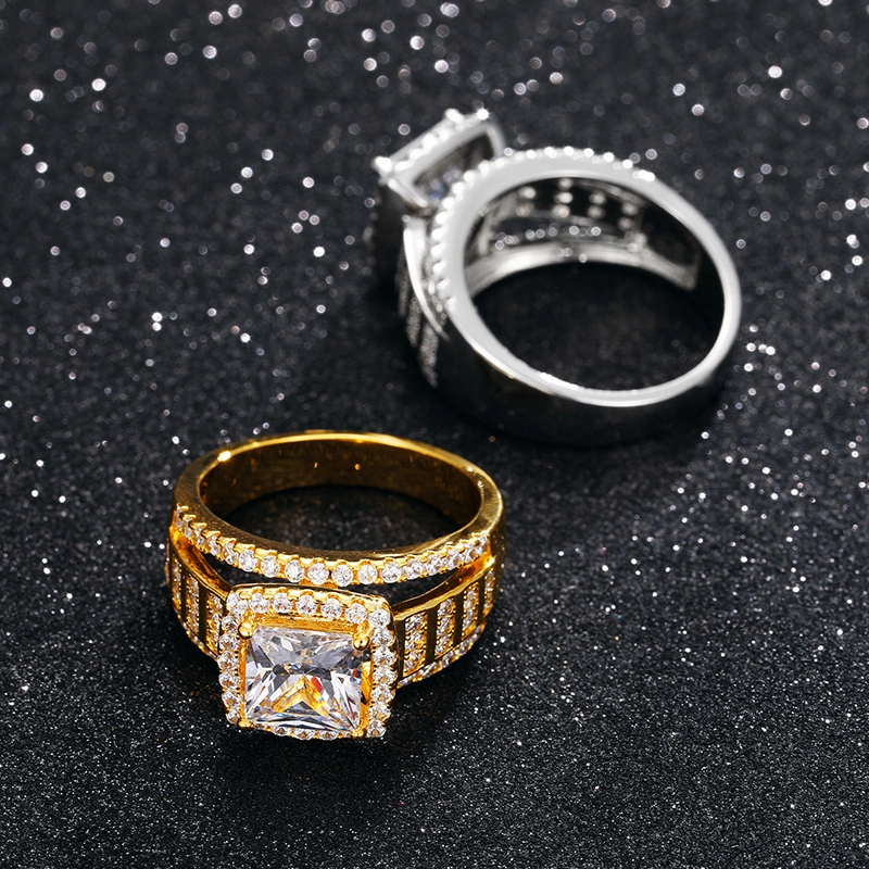 New Design Boys Toy Hip Hop Jewelry Real Yellow Gold Plated Brass Princess Cut 5A CZ Diamond Wedding Ring