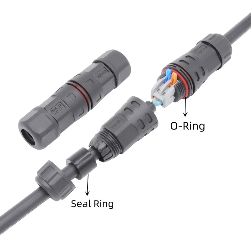 Aohua IP67 Outdoor Waterproof Wiring Terminal Cable Connector M21 2 Inlet 2 out 2 Way L Stright Type Push Lock Cable Connector Assembled Screwless Without Cable