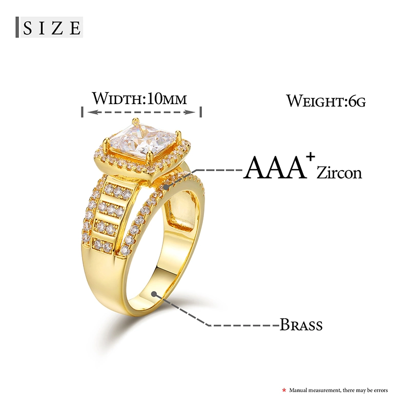 New Design Boys Toy Hip Hop Jewelry Real Yellow Gold Plated Brass Princess Cut 5A CZ Diamond Wedding Ring