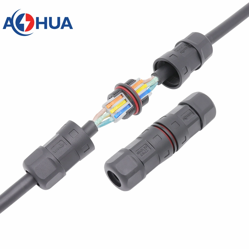 Aohua IP67 Outdoor Waterproof Wiring Terminal Cable Connector M21 2 Inlet 2 out 2 Way L Stright Type Push Lock Cable Connector Assembled Screwless Without Cable