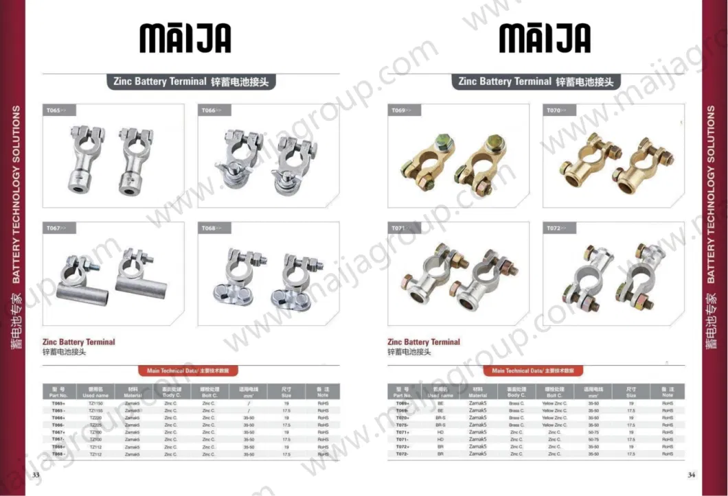 Factory Directly Supply Brass Plated Tin Iron Screw Material Positive &amp; Negative Gender Car Battery Terminals