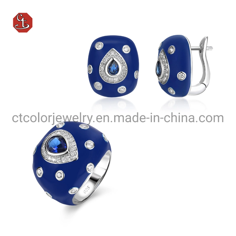 Fashion Retro 925 Sterling Silver ring with White Zircon Blue diamond Enamel Ring Jewelry