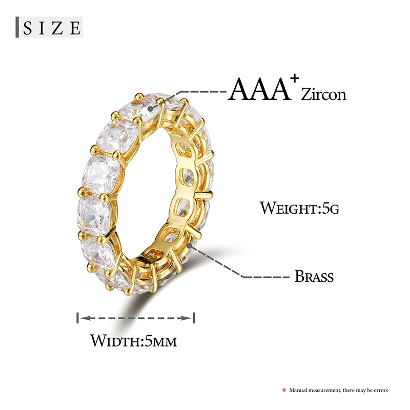 Factory Price 10K 14K 18K Yellow Gold Plated Copper Cushion Cut CZ Diamond Cluster Wedding Ring for Men Women