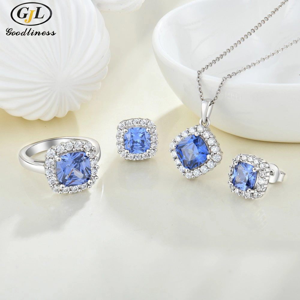 S925 Silver Tanzanian Blue Zirconium Earrings Necklace Ring Three Piece Jewelry Set