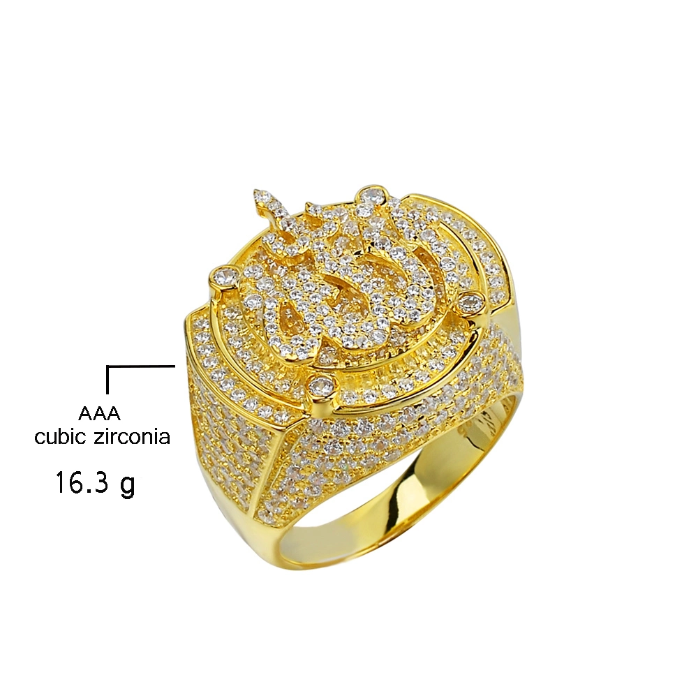 Hip-Hop Jewelry Rings for Men Blue Cubic Zirconia Antique Gold Plated Silver Islam Arabic Turkish Authentic Muslim Allah Ring