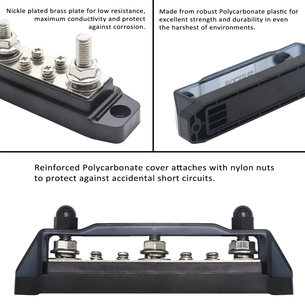 Edge Bb38b Busbar 3 X 5/16&rdquor; Studs and 8 X #8 Screw Terminals Power Distribution Block with Ring Terminals, Black