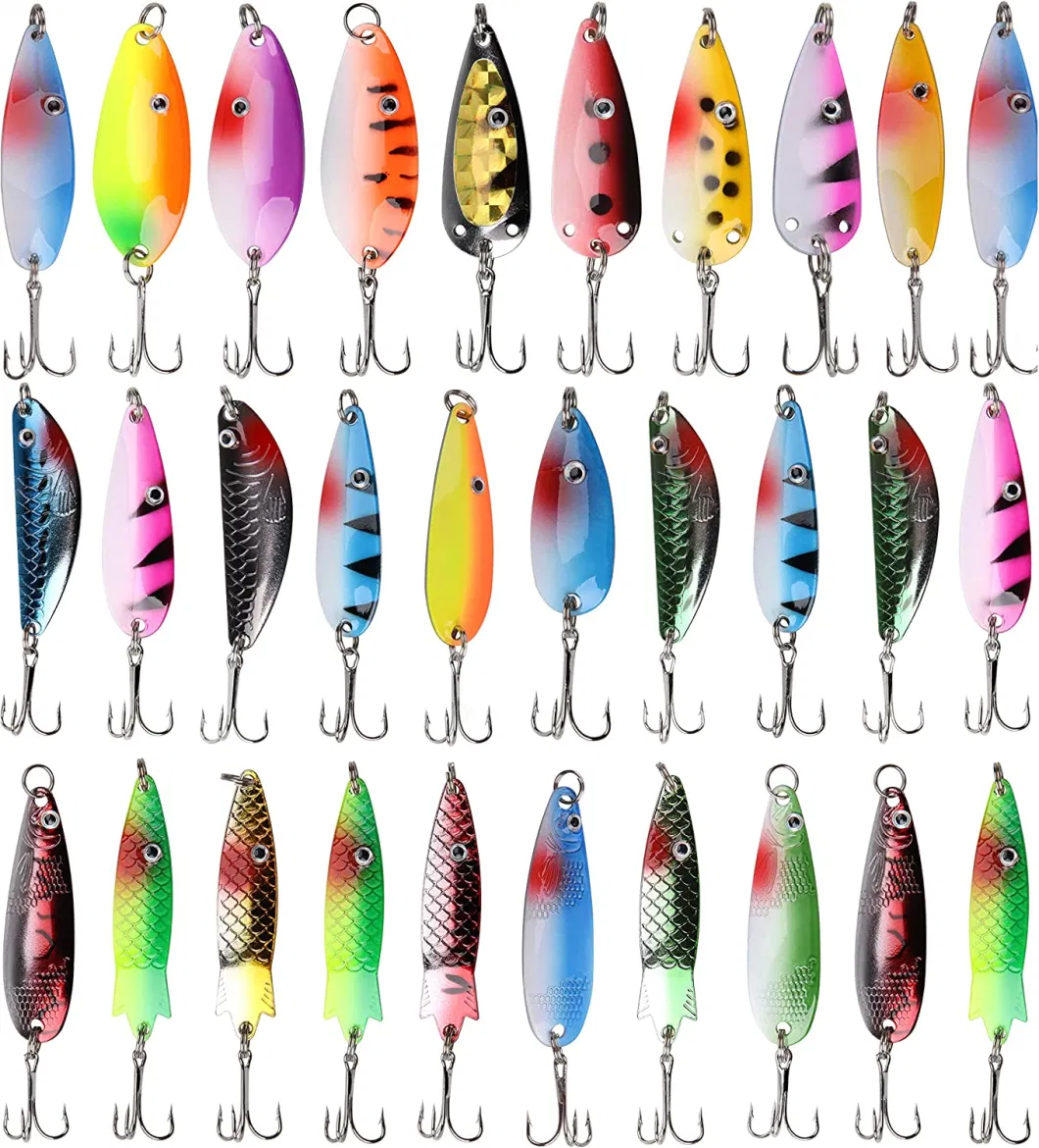 Fishing Spoons Metal Lures, 30PCS Colorful Casting Fishing Spinner Baits Trout Trolling Spoon Fishing Lures Sharp Treble Hooks Tackle Kit