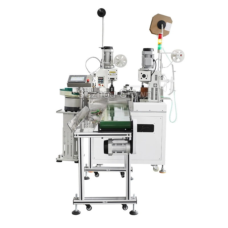 Wire Double-Ended Terminal Crimping Machine 2 Heads Wire Cut Strip Terminal Connecter Crimp Machine Long Wire Transfer Belt Vibrating Bowl Feed Loose Terminal