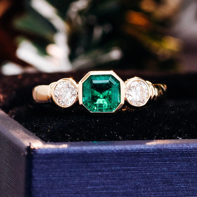 Three Stone Emerald Ring Bezel Setting with 5mm Round Moissanite Side with 10K Real Yellow Gold for Engagement Women and Men