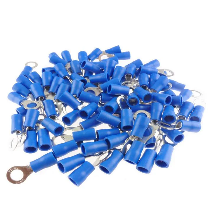 100PCS Blue 16-14 Guage 27A Pre-Insulated Ring Terminal Copper PVC Crimp Connector