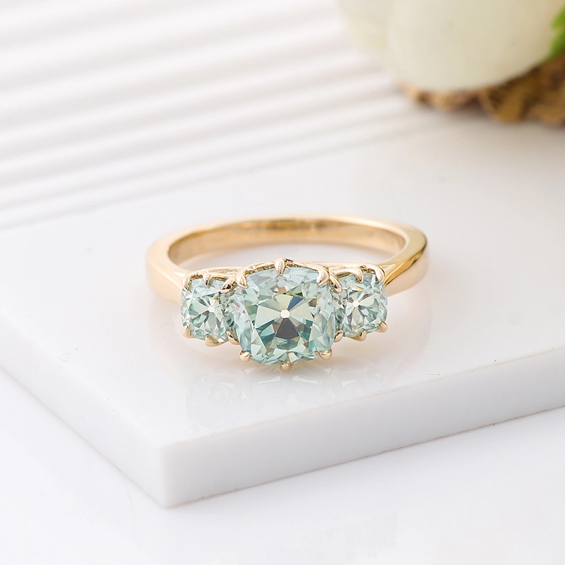 Blue Green Ring Cushion Cut OEM Moissanie 3 Stone Yellow Gold Megan Mark Setting Ring