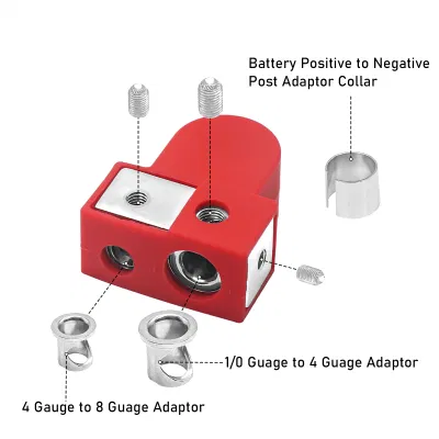 Terminali batteria positivi/negativi BTO in ottone solido Edge con ghiere adattatore, misura 1X0/2/4 e USCITE di misura 1X4/8, montati dall&prime;alto o lateralmente