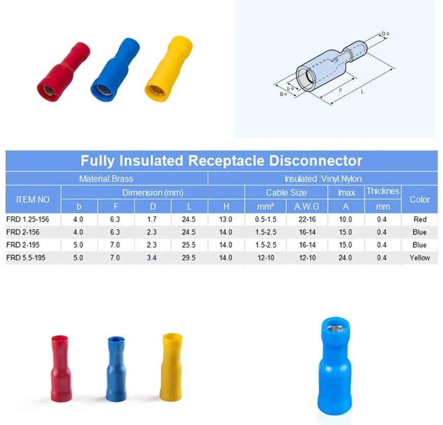 CE Certification Mpd Frd Male Female Brass Male Insulated Copper Bullet Ring Terminal Connector