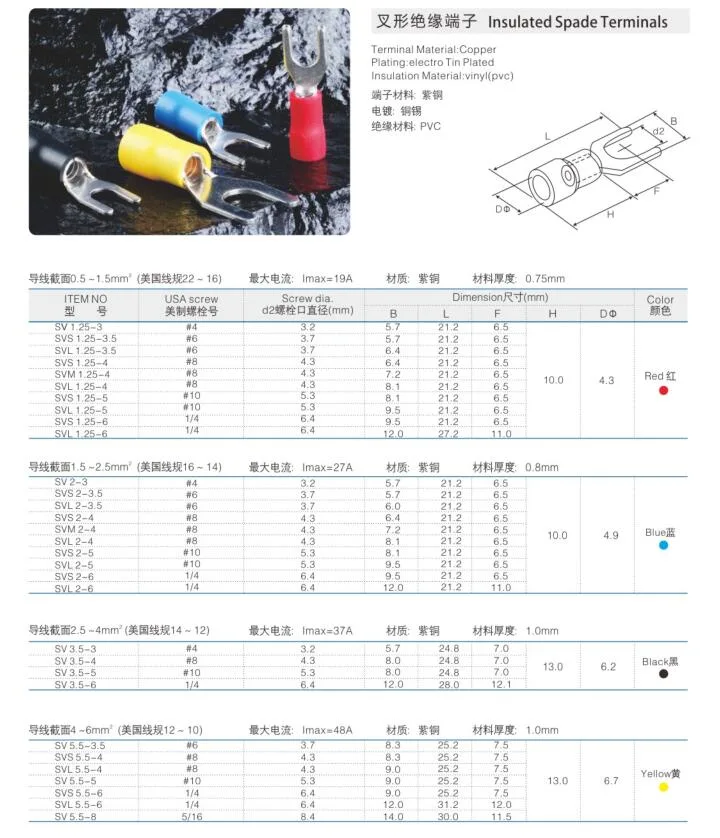 Insulated Spade Fork Type Crimp Type Lug Terminals, Hook Terminals with Ce Certification