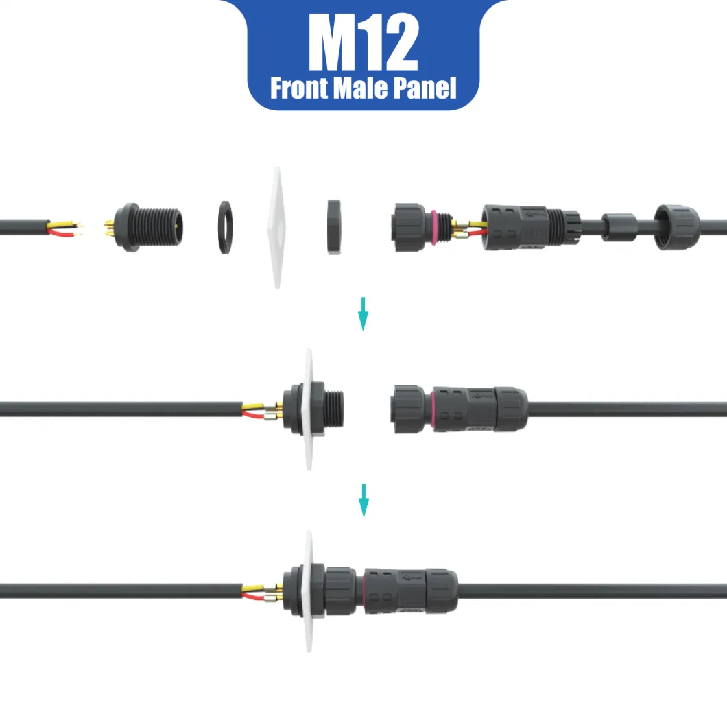 Solder Terminal Panel Mount Male Female Plug M12 2pin 3pin 4pin 5pin 6pin 7pin 8pin LED Grow Light Panel Wiring IP68 Plastic Connector