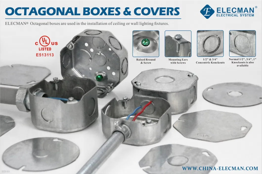 Steel Octagonal Boxes and Extension Rings Metal Box and Covers with 1/2 3/4 1 in. Knockouts