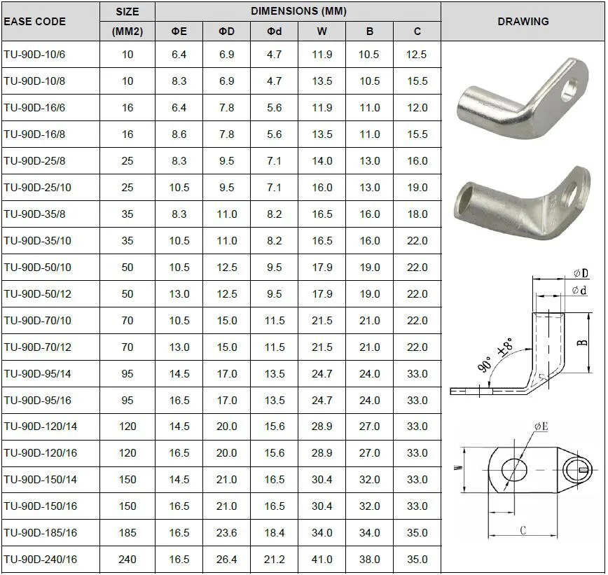 ISO9001 Tinned Right Angle 90 Degree Copper Tube Terminals with UL CE