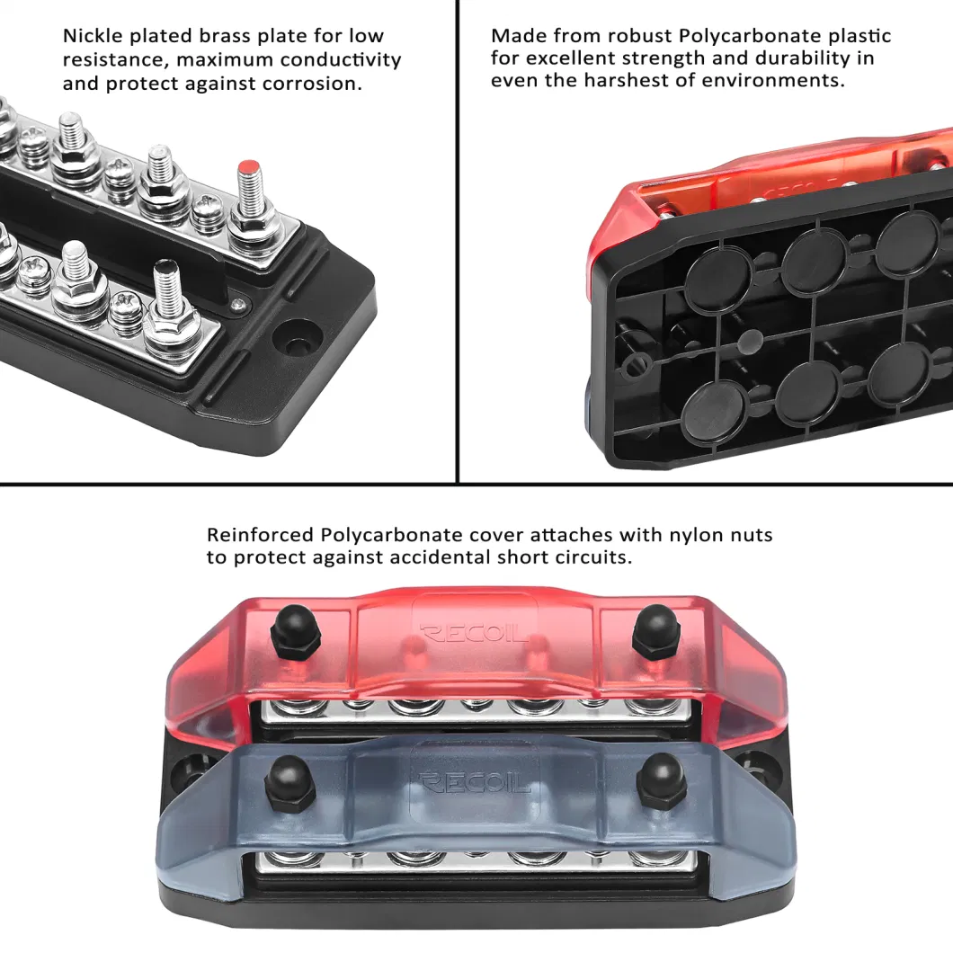 Edge Dbbs43 Dual Row Busbar Positive and Negative 4 X M5 Studs 3 X #8 Screw Terminals Power and Ground Distribution Block with Ring Terminals (Red &amp; Black)