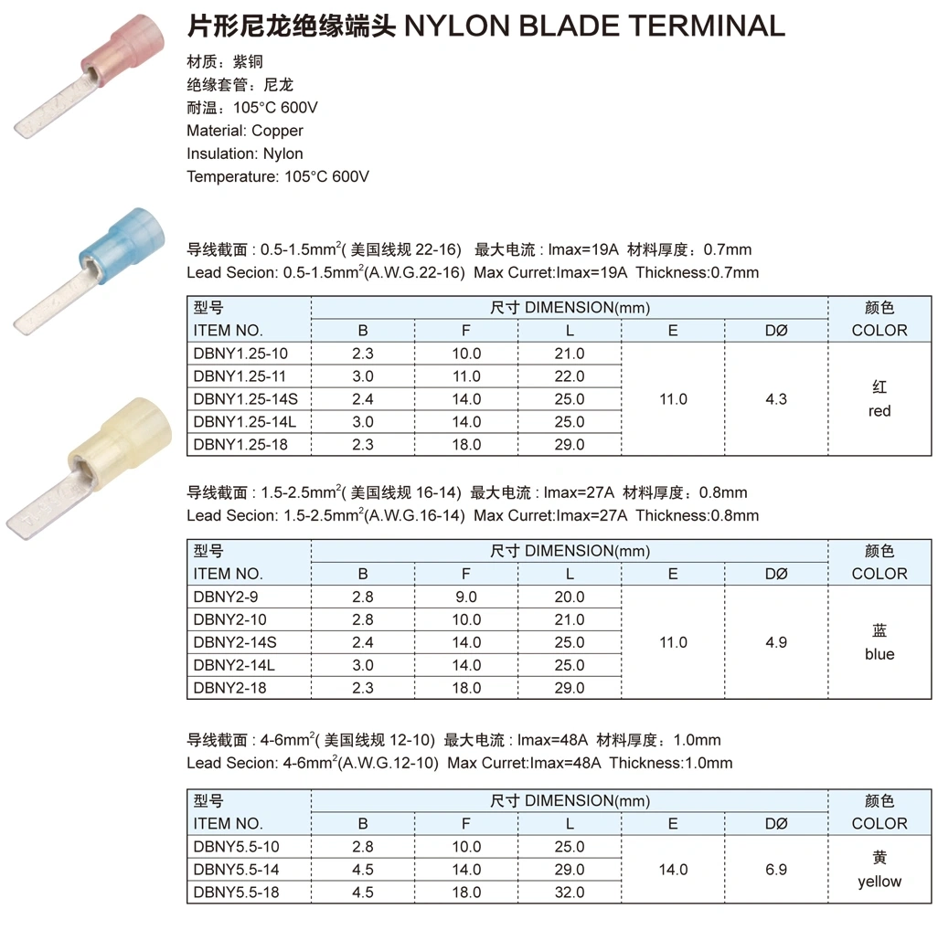 Insulated Nylon Copper Cold End Blade Connector Terminal
