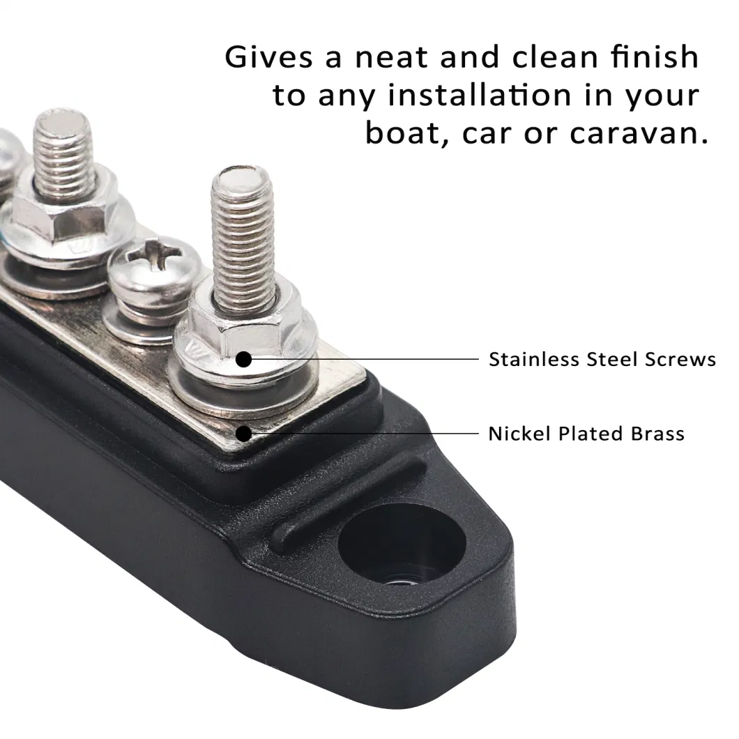 Edge BBS43-B Bus Bar 4 X 1/4&rdquor; Studs, 3 X #8 Screw Terminals Power Distribution Block with Ring Terminals (Single Black)