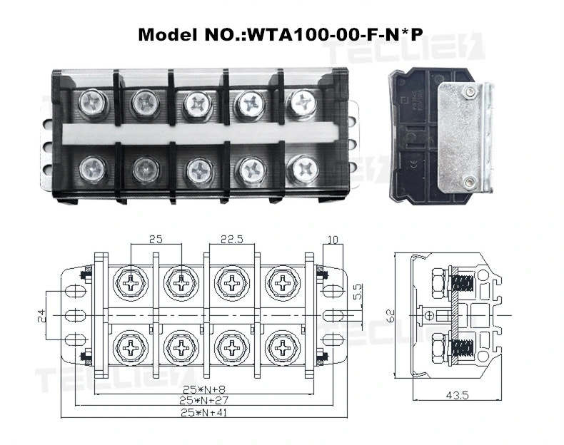 600V 100A Dual Row 25mm Pitch 5 Way PCB Barrier Terminal Block