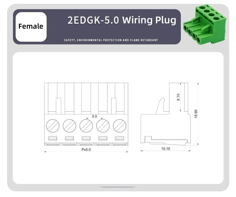 2 Pins to 10 Pins 5.08mm Pitch Terminal Block Connector Female and Male 2edg 2edgk 508 Pluggable PCB Terminal Blocks with Screw