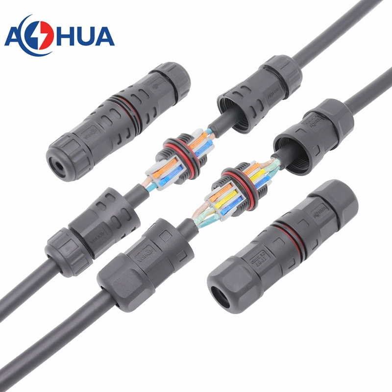 Aohua Assembly L Type 2 Way Crimp Spring Terminal Block Connector Screwless No Cable Waterproof Connector M21 2pin IP67 IP68 Power Connector for Outdoor