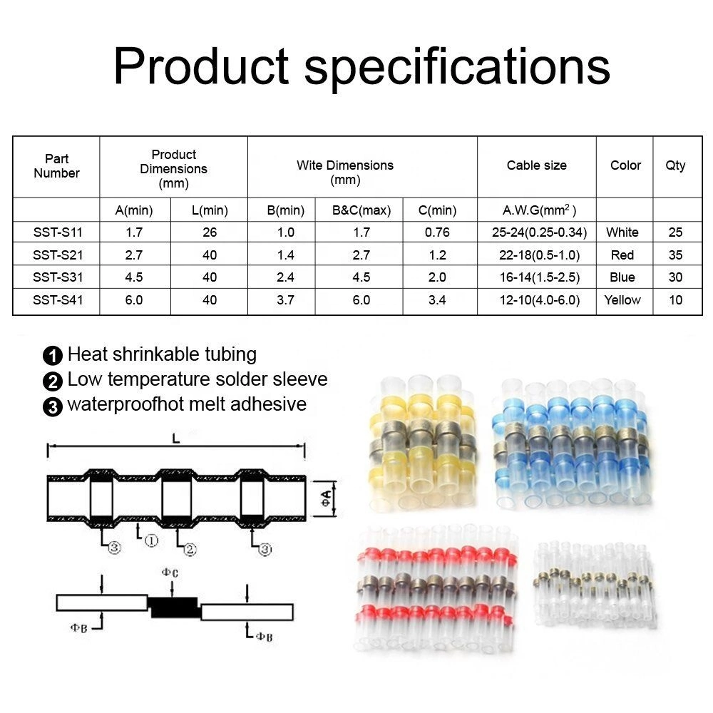 100PCS Waterproof Seal Middle Solder Ring Butt Terminal Solder Seal Wire Connectors