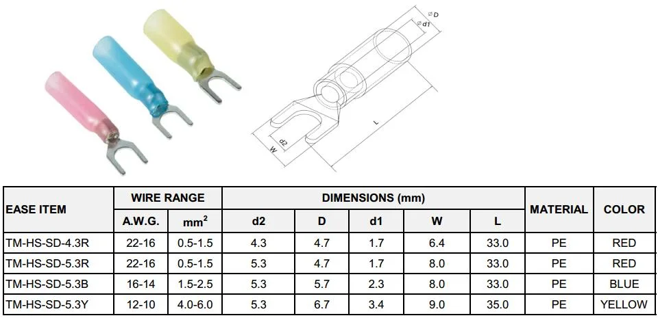 PE Waterproof Pre-Insulated Heat Shrinkable U Y Type Fork Spade Crimp Terminals