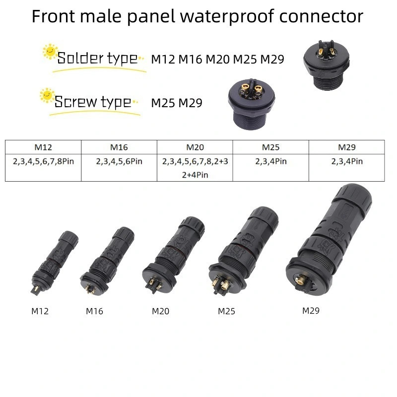 Solder Terminal Panel Mount Male Female Plug M12 2pin 3pin 4pin 5pin 6pin 7pin 8pin LED Grow Light Panel Wiring IP68 Plastic Connector