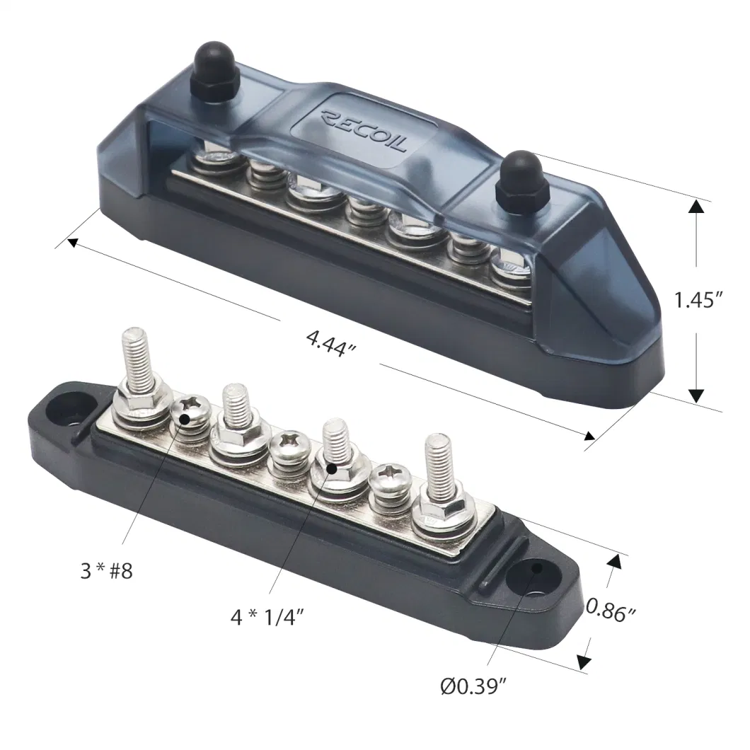 Edge BBS43-B Bus Bar 4 X 1/4&rdquor; Studs, 3 X #8 Screw Terminals Power Distribution Block with Ring Terminals (Single Black)