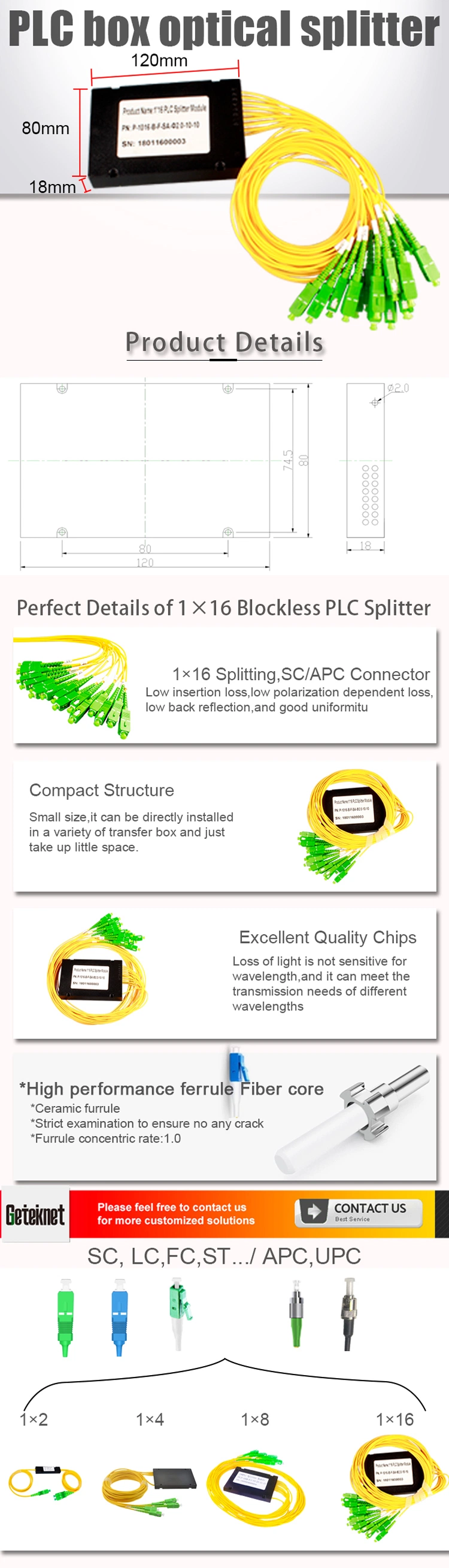 High Quality 1X8 Fbt Coupler or 8 Ways PLC Splitters 1X8 Fiber Optic Splitter