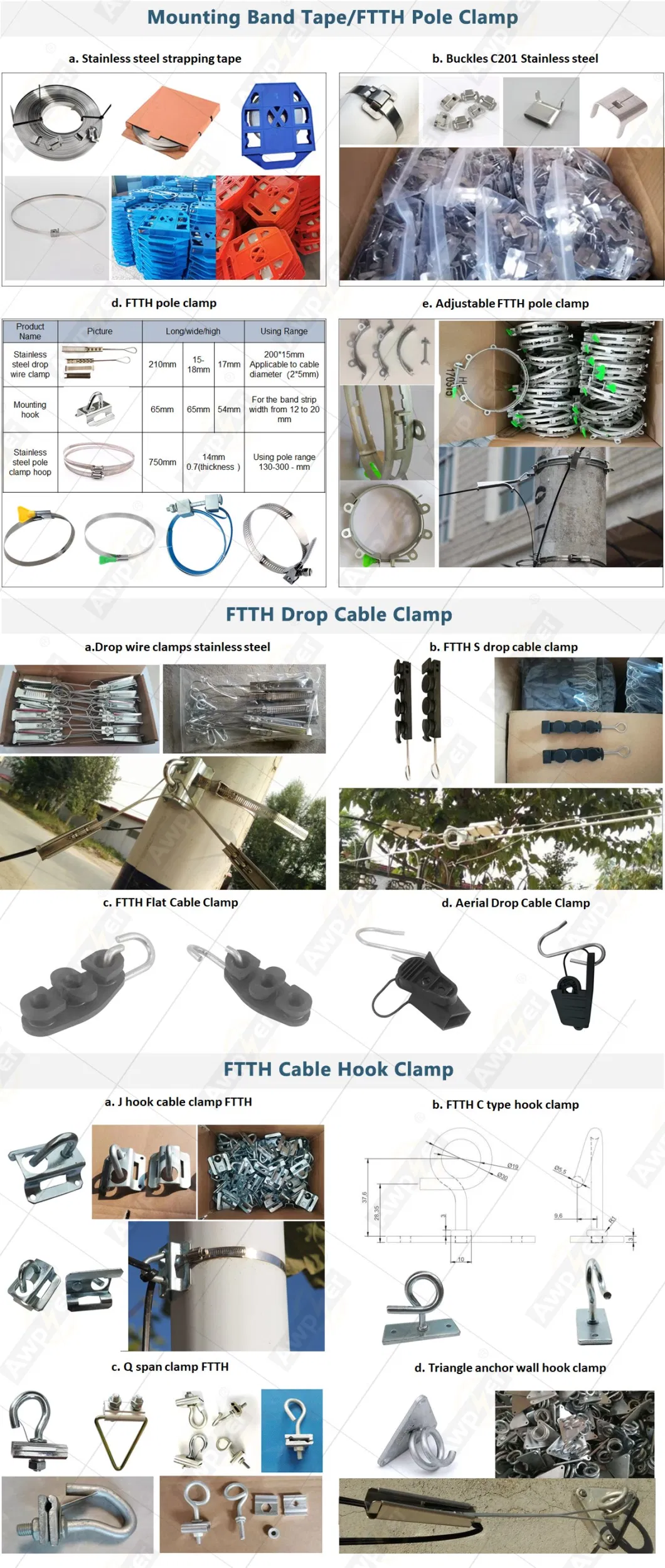 FTTH C Type Hook Drop Cable Wire Clamp Galvanized Steel Outdoor Fiber Optic Cable Accessories