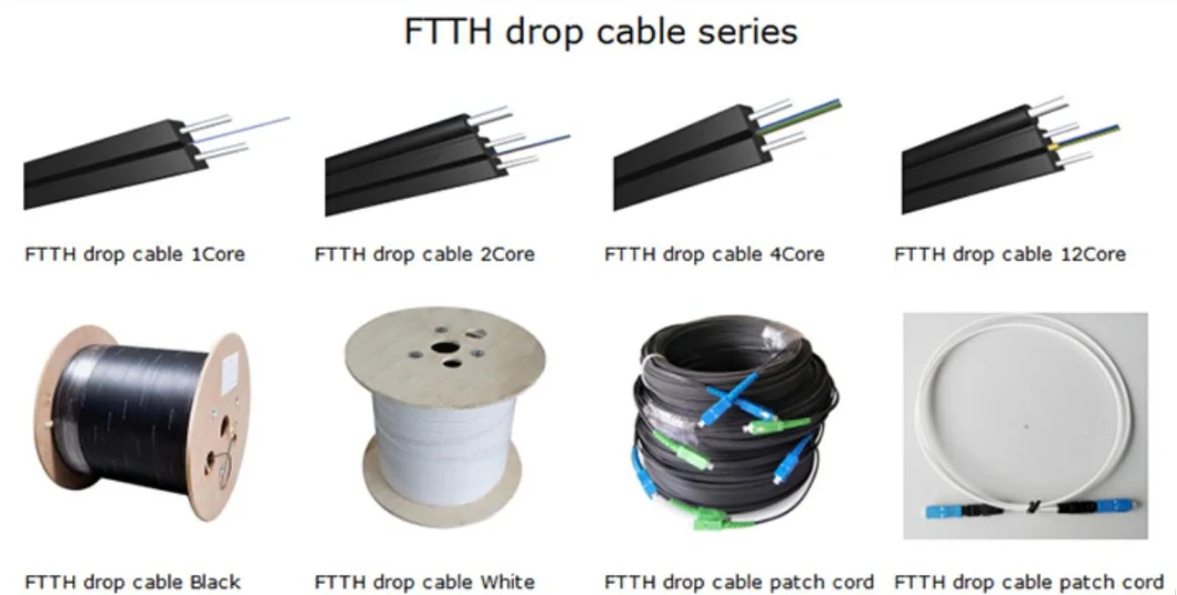 OEM Factory Supply 1/2/4 Core Two Parallel Steel Wire/FRP Strength Members FTTH Drop Cable Fibre Optics