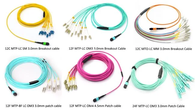 8/12/16/24/72/144fiber Sm/Om3/Om4 Qsfp 40g MPO MTP to 10g LC/Sc Breakout Cable Fiber Optic Patch Cord