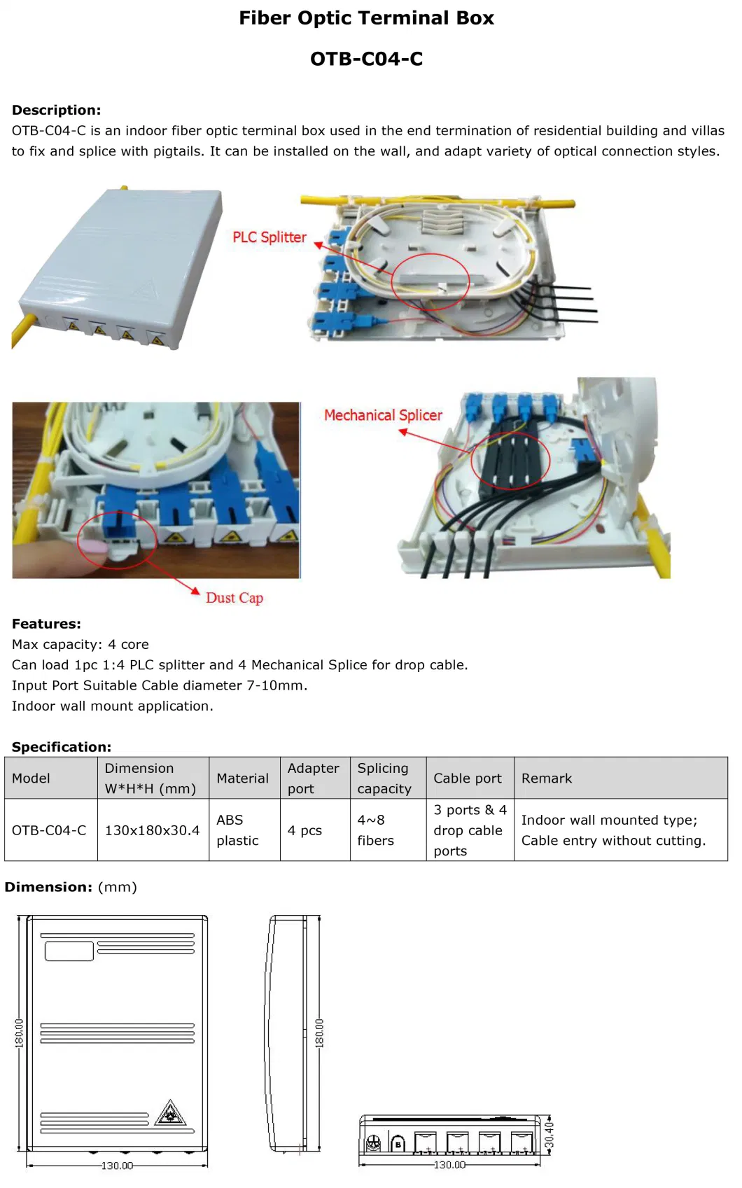 ABS Plastic Optical Distribution Box Fiber Optice Terminal Box