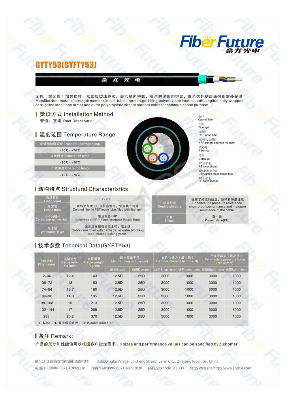 Corrugated Steel-Plastic Tape GYTY53 Duct Fiber Optic Cable