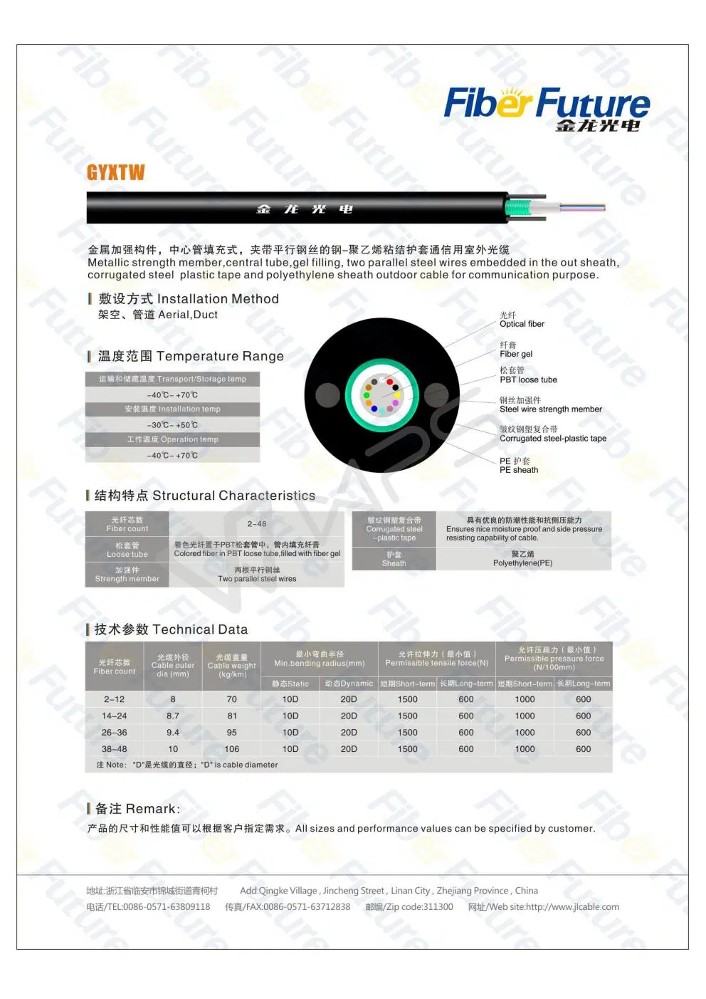 Aerial Good Quality Multimode 2-48 Fiber Cable (GYXTW)