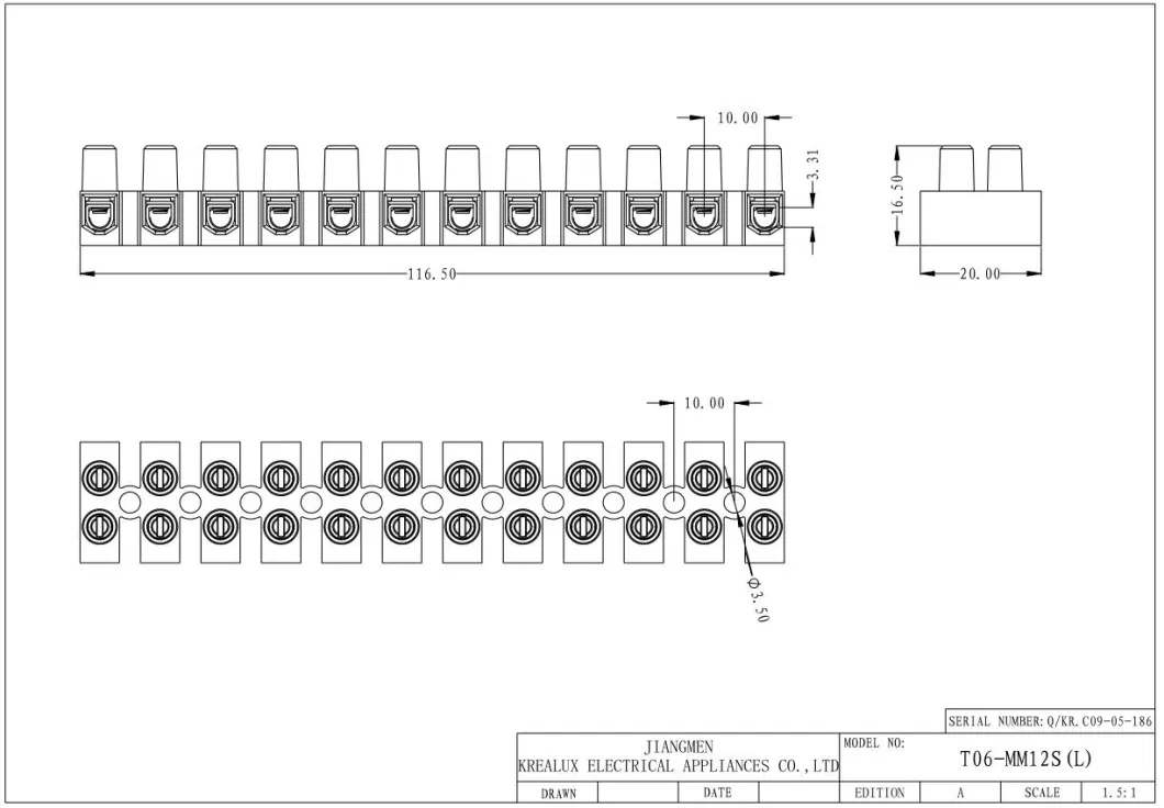 Beleks/Krealux Screw-Mounted Terminal Block/Strip/Barrier T06-mm12s (P) CE 12 Ports/Poles/Ways