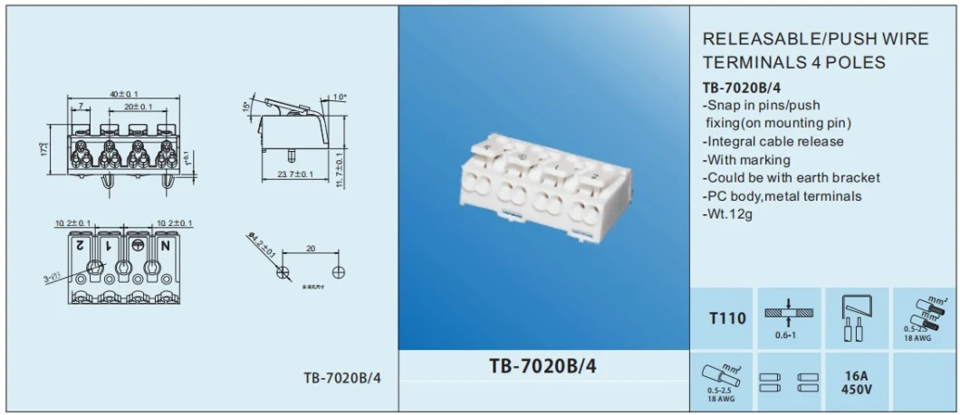 Tb-7020b/3 Top Hengda Releasable Push Wire Electrical Terminal Blocks 3ways for LED Wire Quick Connection