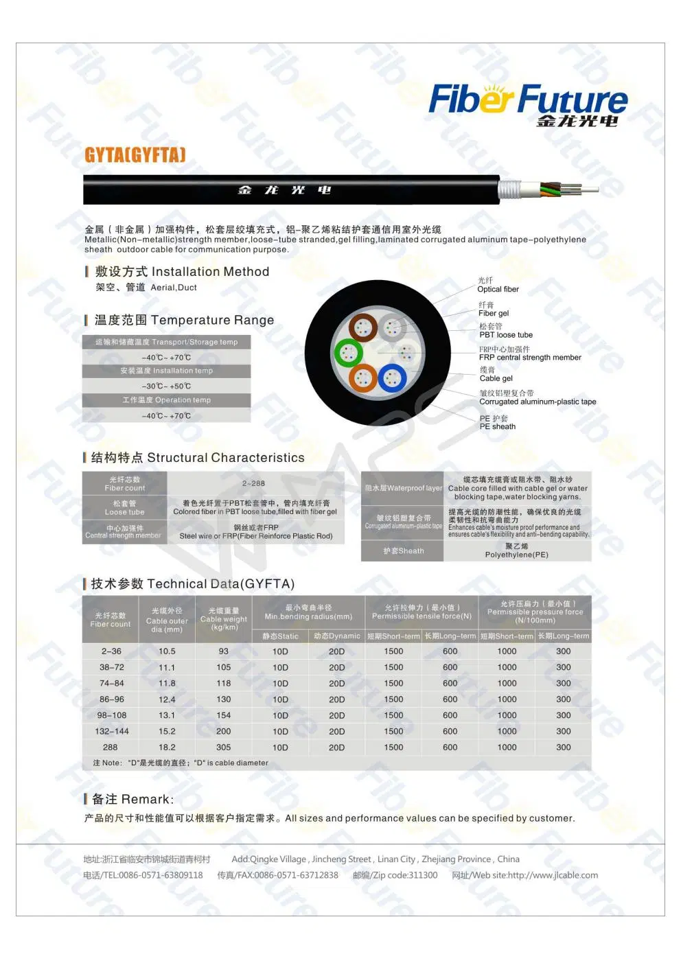 Gyfta for Duct or Aerial 24 Core Single Mode Fiber Optic Cable