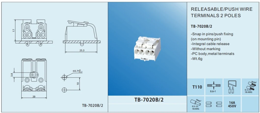 Tb-7020b/3 Top Hengda Releasable Push Wire Electrical Terminal Blocks 3ways for LED Wire Quick Connection