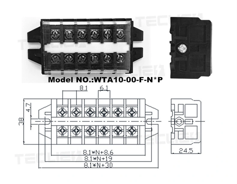 600 V 10 a 6 Pole Dual Rows Equipment Black Wire Connector Barrier Terminal Block