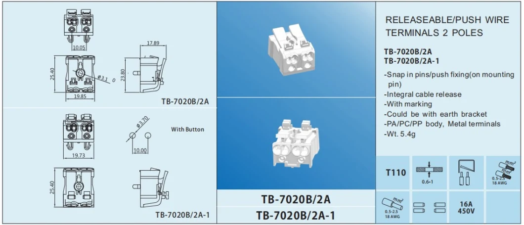 Tb-7020b/3 Top Hengda Releasable Push Wire Electrical Terminal Blocks 3ways for LED Wire Quick Connection