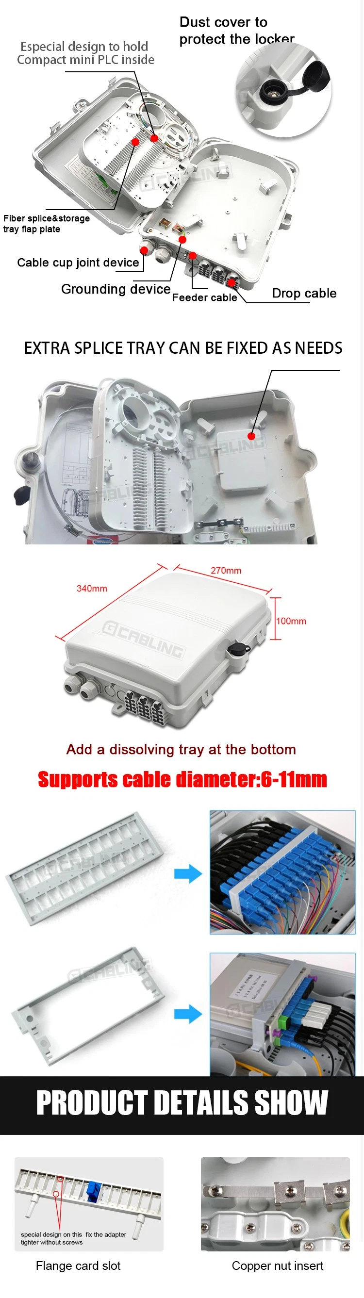 Gcabling FTTH 24 Core Fdb Fiber Optical Terminal Splice Box 24 Port Drop Cable Nap Optic Termination Splitter Distribution Box