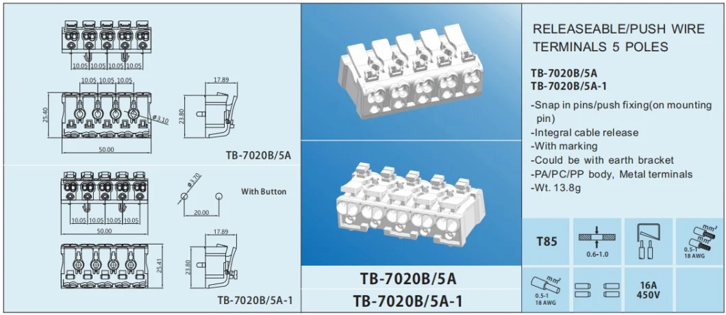 Tb-7020b/3 Top Hengda Releasable Push Wire Electrical Terminal Blocks 3ways for LED Wire Quick Connection